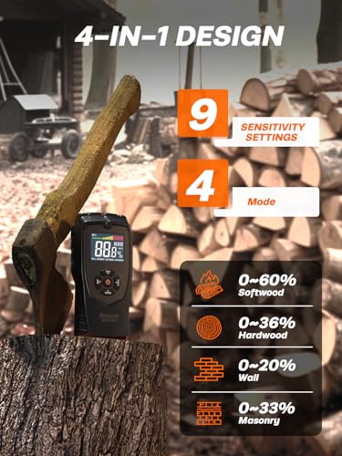 Moisture Meter Damp Meter Pinless Wood Moisture Meter for Walls Logs Firewood and Building Material, 4 Mode 9 Density Settings, Non-Destructive Moisture Detector with Backlit LCD and Alerts (Black) - style: Pinless