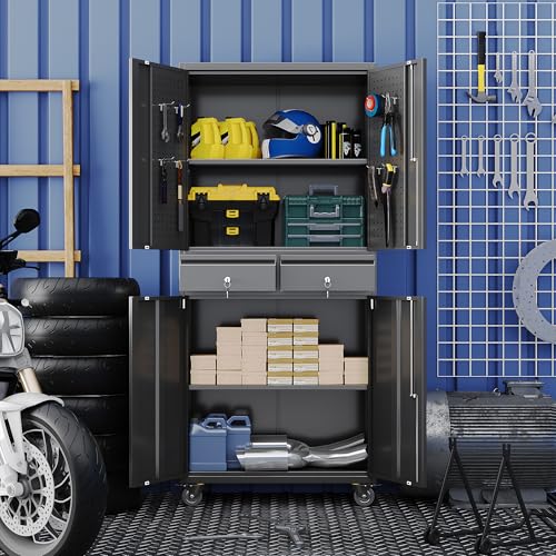 Aobabo Metal Garage Storage Cabinet, 71"x30" Lockable Rolling Tool Cabinet - color: Black, size: 15.1"D x 30"W x 71"H