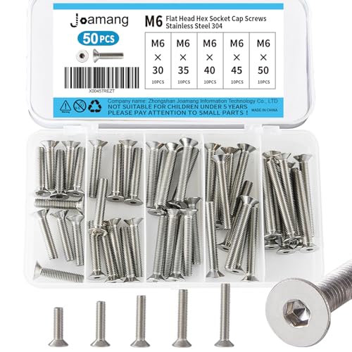 M6 x 30mm 35mm 40mm 45mm 50mm Flat Head Hex Socket Cap Screws Countersunk Bolts, Stainless Steel 304, Metric Allen Drive, Bright Finish, Fully Threaded, Assortment Kit 50PCS - size: M6 x 30/35/40/45/50 mm