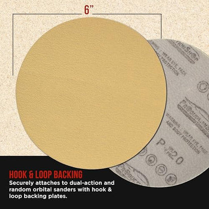 ProductionShop Premium 120 Grit 6" Gold Sanding Discs, Box of 100 - Hook & Loop Backing Abrasive Sandpaper for DA & Random Orbital Sanders - Sand Automotive Paint, Metal, Wood, Woodworking Furniture - style: 120 Grit