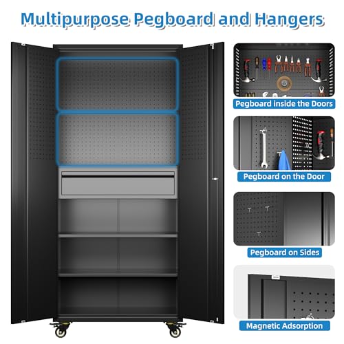 Reemoon 71" Metal Garage Cabinet with Wheels, Drawer and Pegboard - color: Black, size: 15"D x 30"W x 71"H