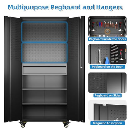 Reemoon 71" Metal Garage Cabinet with Wheels, Drawer and Pegboard - color: Black, size: 15"D x 30"W x 71"H