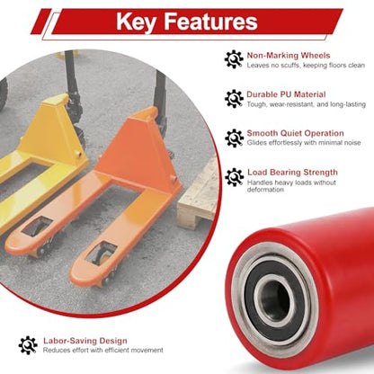 Two Packs of Pallet Jack/Truck Wheels 3” x 3.75” PU Poly Tread, 20mm ID Bearings, Full Set with Axles, Pins and Entry Exit Roller - color: Red