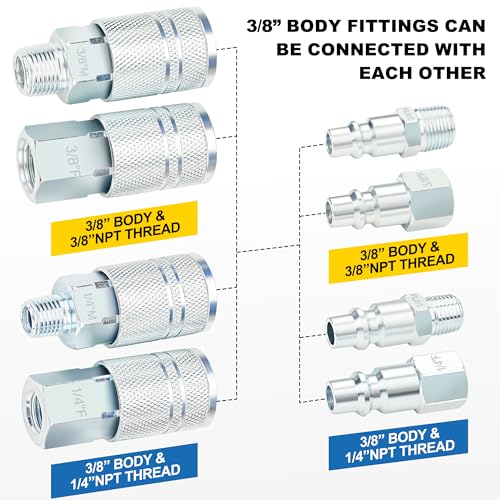 3/8 Inch Body Air Hose Quick Connect Fittings, 3/8" NPT Threads and 1/4" NPT Threads Couplers and Plugs, I/M Industrial Type 24PCS Air Compressor Accessories Kit