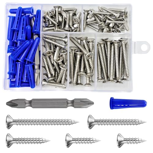 Wensilon (135Pcs) 304 Stainless Steel Wood Screw Quick Metal Self Tapping Flat Head with Drywall Plastic Anchors kit - color: Silver, size: 135pcs screws kit