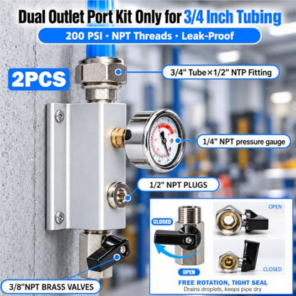 3/4" shop air line kit with Pressure Gauge, 2Port Aluminum Manifold - color: with Pressure Gauge