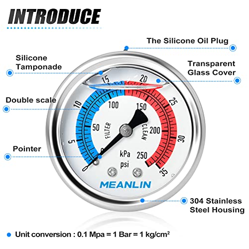 MEANLIN MEASURE 1/4" NPT 0-35psi Pressure Gauge, 2" Dial Glycerine Filled Pool Filter, 304 Stainless Steel Housing, Back Mount, with 1/2" NPT and 3/8" NPT Hex Bushing - size: 0-35Psi/0-250Kpa, style: Center Back Mount