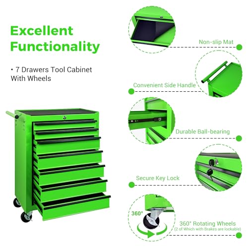 Rolling Metal Tool Chest with 7 Drawers - color: 7-drawer-green-a