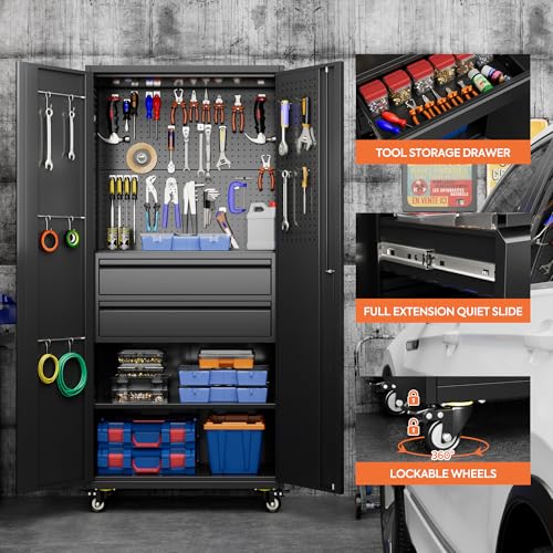 Metal Garage Storage Cabinet with Wheels, 2 Internal Drawers - color: Black, size: 15.5"D x 30"W x 71"H