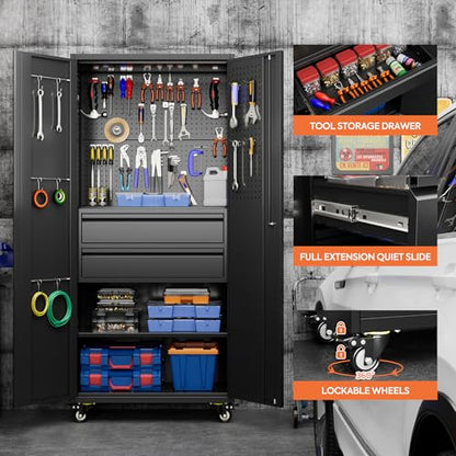 Metal Garage Storage Cabinet with Wheels, 2 Internal Drawers - color: Black, size: 15.5"D x 30"W x 71"H