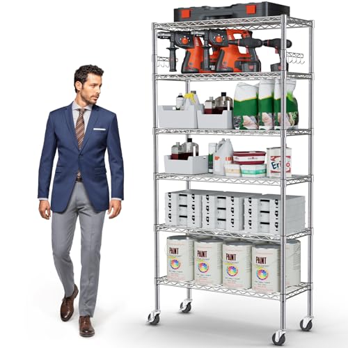 YNN Storage Shelves,6000Lbs 6 Tier Heavy Duty Metal Rolling Shelving Unit with Wheels & 8 Hooks, Adjustable Garage Wire Rack for Kitchen, Bathroom,Industrial,Pantry(36" W x 14" D x 72" H, Chrome) - size: 36"x14"x72" 6-Tier