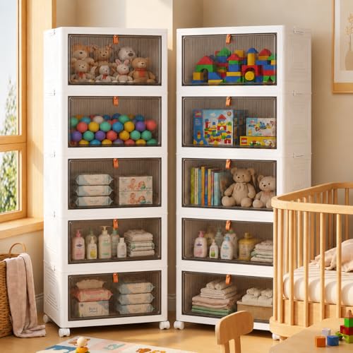 LDQ 170 Qt Large Storage Bins with Lids, 5 Tier Stackable Storage Cabinet with Wheels & Clear Doors, Foldable Plastic Closet Organizer for Bedroom, Bathroom & Kitchen - size: 5-layers