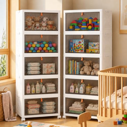 LDQ 170 Qt Large Storage Bins with Lids, 5 Tier Stackable Storage Cabinet with Wheels & Clear Doors, Foldable Plastic Closet Organizer for Bedroom, Bathroom & Kitchen - size: 5-layers