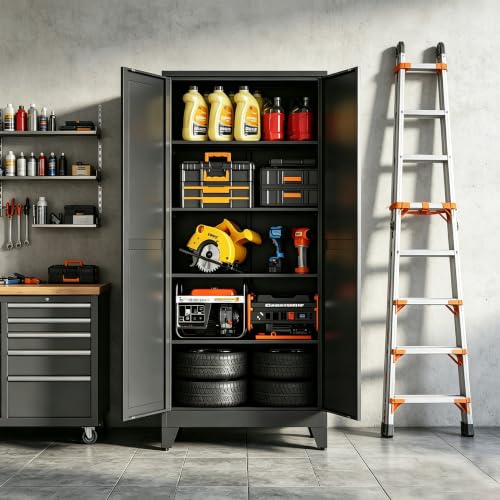 71"H Kitchen Pantry Storage Cabinet,Metal Black Food Pantry with 2 Door and 4 Adjustable Shelves,Laundry Room Freestanding Cabinet,Tall Hutch Cabinet,Large Farmhouse Cupboard for Dining Living Room - color: Black, size: 71"H-A