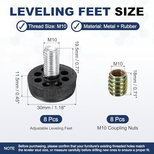 uxcell 8Pcs M10 Thread Adjustable Furniture Levelers, 1.22 x 1.18 - size: M10 x 1.22" x 1.18"