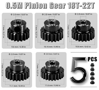 Hardened Steel 0.5M Pinion Gear 18T 19T 20T 21T 22T 2mm Shaft for RC Car, Compatible with ARRMA 1/14 Typhoon 1/16 Mojave 1/18 Granite, Losi 1/12, 0.5Mod 13T-27T Gear for Brushed Brush-Less Motors - size: 18-22T