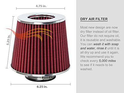 Rtunes Racing 6-Inch 152mm Truck Dry Cone Air Filter, Red, 8-Inch Tall - size: Truck 6"