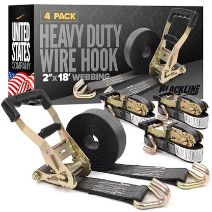 US Cargo Control Blackline Ratchet Straps Heavy Duty (4-Pack), 2 Inch x 18 Foot Black Ratchet Straps with Double J Hooks, 13,000 LBS Break Strength, Heavy Duty Tie Downs for Trucks and Trailers - size: 2" x 18' (Pack of 4)