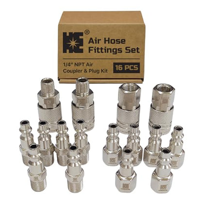 Cosmostar 16-Piece Air Hose Fittings Set | 1/4" NPT Quick Connect Air Coupler & Plug Kit | Industrial Swivel Air Tool Fittings & Compressor Accessories | Universal Auto Shop Air Compressor Adapter