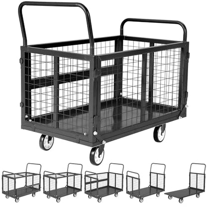 Heavy Duty Platform Truck Cart with Cage, 39" x 24" Hand Moving Cart 2000 Lbs Capacity, Multi-Functional Folding Cage Cart with Basket for Warehouse, Luggage Moving, Black - color: Black