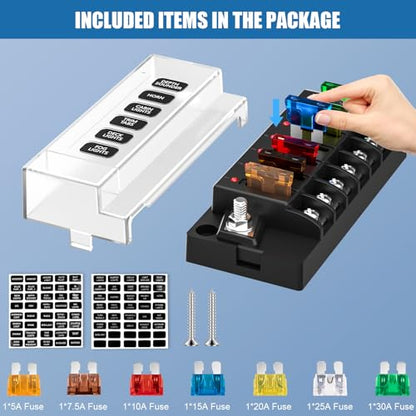 12V/24V 6-Circuit Waterproof Marine Fuse Box with LED Indicator, ATO Blade Fuse Block for Automotive, Marine, Truck, Car, Boat, RV - size: 6 Way Fuse Box