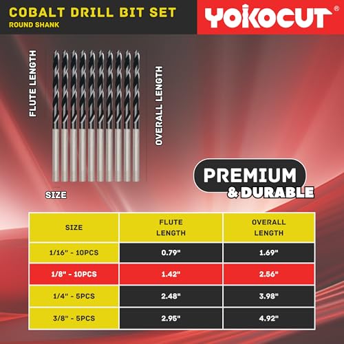 1/8 Inch Cobalt Drill Bit 10PCS | High Speed Steel | Drill Bit for Stainless Steel and Hardened Metal | HSS M35 Titanium Aluminum Nitride Coating - size: 1/8 Inch