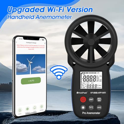 Professional WiFi Anemometer, Smart Wind Speed Meter Gauge with APP, 0.3-40m/s Range, Measures Wind Temp, Max/Min/Avg, Backlight, Ft/min, Knots, Km/h, Mph, (866B-APP-WIFI) - color: 866B-APP-WIFI
