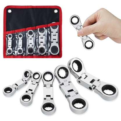 LOSCHEN 5-Piece Flex-Head Stubby Ratcheting Combination Wrench Set, Mini Double Box End, SAE 1/4 3/8 5/16 7/16 1/2 9/16 11/16 5/8 3/4 13/16, 72-Teeth, CR-V Steel - size: SAE