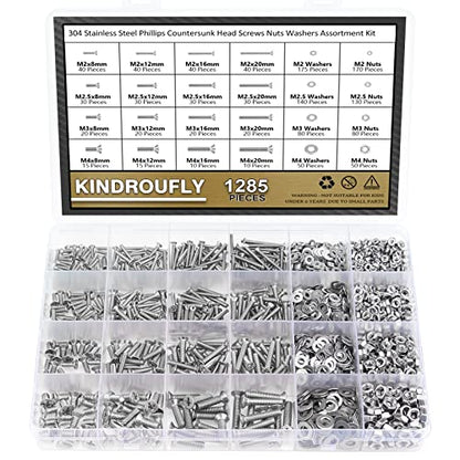 1285 Pieces M2 M2.5 M3 M4 Phillips Countersunk Head Machine Screws Nuts Washers Assortment Kit, 304 Stainless Steel, Fully Machine Thread - size: M2 M2.5 M3 M4, style: Phillips Countersunk Head