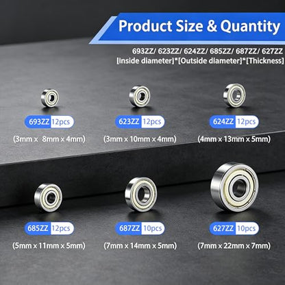 Dianrui 68 PCS 693ZZ/ 623ZZ/ 624ZZ/ 685ZZ/ 687ZZ/ 627ZZ Ball Bearings Assortment Kit, Small Bearings Carbon Steel Deep Groove Bearing, for Furniture Wheel, Roller Skates, 3D Printing and ect —6 Size - size: 693ZZ/ 623ZZ/ 624ZZ/ 685ZZ/ 687ZZ/ 627ZZ