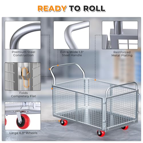 2IN1 Steel Panel Cart Dolly – Heavy Duty Drywall Lumber Truck Cart with 3000 LBS Capacity, 44 x 28 Inch 2.2MM Steel Plate, 6" Swivel Brake Wheels, 1 Front & 3 Side Handrails (X Large with Cage) - size: Silver | XX-Large