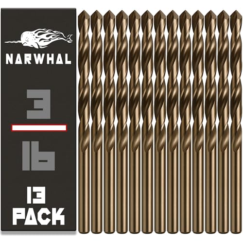 Narwhal 3/16 Inch Cobalt Drill Bits (13 Pack - Industrial Grade M35 Cobalt) 3-3/8" Length & 135 Degree Split Point for Drilling Into Metal, Hardened & Stainless Steel, Cast Iron, & More! - size: 3/16 in