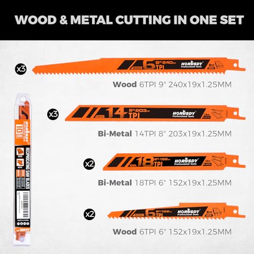 HORUSDY 10-Piece Reciprocating Saw Blades Set with Storage Case, 6" 8" & 9" Wood & Metal Cutting Blades, Bi-Metal and High Carbon Steel Saw Blades for Fast, Clean, and Durable Cutting - style: 10-Pc 6", 8", 9" Bi-Metal Mix