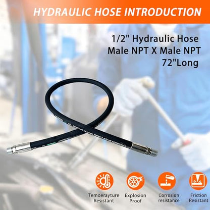 Autovo Hydraulic Hose 1/2" Hydraulic Hose with Male NPT X Male NPT 72" Long 3988 psi, Black - size: 72"L x 0.5"W
