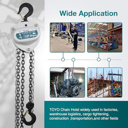 TOYO Chain Hoist 2200Lb,10ft Manual Chain Block Hoist 1ton Chain Fall 3M Come Along Hand Chain Hoist 2 Heavy Duty Hooks Industrial Grade Steel for Warehouse Automotive Construction Building - size: 1 Ton 10FT