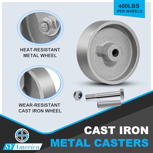 SY America 4" Heavy Duty Casters Set of 4,Cast Iron Semi-Steel Caster Wheels,Metal Industrial Casters,1600 LB Capacity-2 Brake & 2 Swivel - style: 4" Wheel