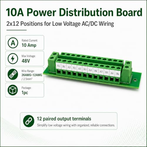 10A 48V Terminal Block Distribution Module, 2×12 Screw Terminal Power Distribution Board for Car, RV, Boat, LED, Model Railroad, and DIY Low-Voltage Wiring Projects