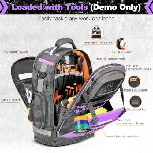 Tool Backpack Bag, Electrician Tool Bag 78-Pockets & Loops Tools Bag HVAC Tool Bags for Men, Heavy Duty Storage Construction tools Backpack (style1-Purple) - color: Purple