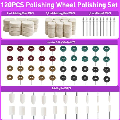 120 PCS Polishing Kit for Dremel, Abrasive Buffing Wheels for Rotary Tool Accessories with 1/8 Inch Shank, Polishing Bits for Metal Wood Watch Jewelry Brass - style: Polishing Kit
