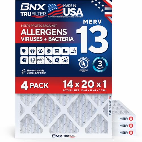 BNX TruFilter 14x20x1 Air Filter MERV 13 AC Filter, HVAC Furnace Filter, 6 Pack (ACTUAL SIZE 13.68"x19.68"x0.75") Allergies, Dust, Pet Dander & Smoke - MADE IN USA - MPR1500 / FPR 10 - size: 14x20x1 6-Pack