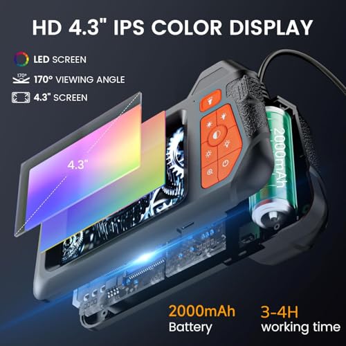 32.8FT Flexible Borescope Camera- 4.3" 1080P HD, IP67 Waterproof Industrial Endoscope Camera for Sewer/Automotive Pipe/Wall Inspection,1pack