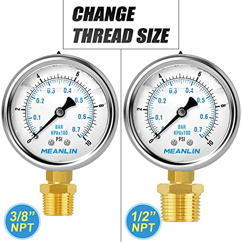 MEANLIN MEASURE 0~10Psi Stainless Steel 1/4" NPT 2.5" FACE DIAL,Liquid Filled Pressure Gauge,WOG Water Oil Air Lower Mount (Pack of 2), with 1/2" NPT and 3/8" NPT Hex Bushing - size: 0-10Psi (2Pcs)
