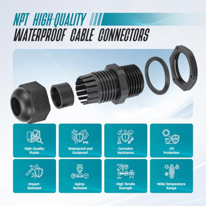 50 Pcs 1/2" NPT Cable Glands Waterproof Strain Relief Connector - color: 50 Pcs 1/2" NPT