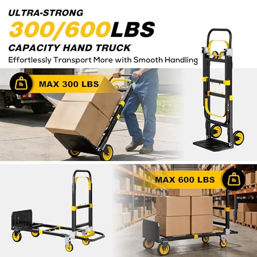 3 in 1 Convertible Hand Truck Dolly, 600Lbs Heavy Duty Folding Hand Truck Dolly Cart with Wheels, Adjustable Handle Angle & Expandable Base for Moving Home, Shopping, Office, Warehouse, Yellow - color: Yellow