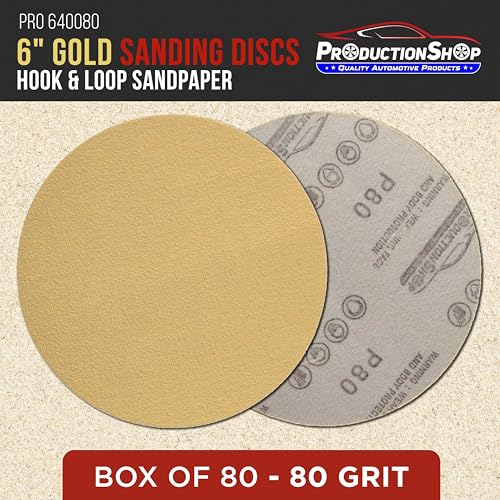 ProductionShop Premium 80 Grit 6" Gold Sanding Discs, Box of 100 - Hook & Loop Backing Abrasive Sandpaper for DA & Random Orbital Sanders - Sand Automotive Paint, Metal, Wood, Woodworking Furniture - style: 80 Grit