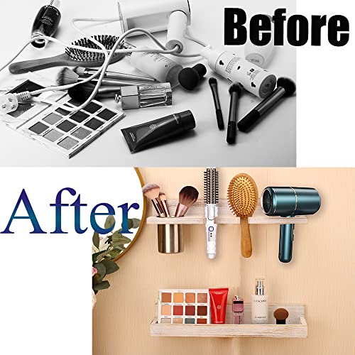 Wall Mount Hair Tool Organizer, 2 Tier Rustic Wooden Blow Dryer Holder - color: White