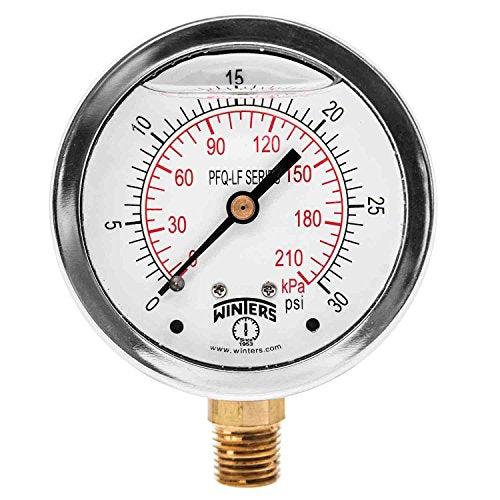 Winters 2-1/2" Dial Size, Liquid Filled Pressure Gauge, Potable Brass Internals, 304 Stainless Steel Case, Dual Scale 0-30 psi/kPa, 1.5% Acc, 1/4" NPT Bottom Mount, Drinking Water Pressure Gauge - style: 0/30 PSI/kPa