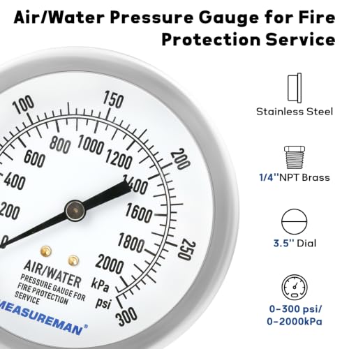 MEASUREMAN 3.5" Fire Sprinkler Pressure Gauge, 0-300 PSI, 1/4" NPT - size: 0-300psi