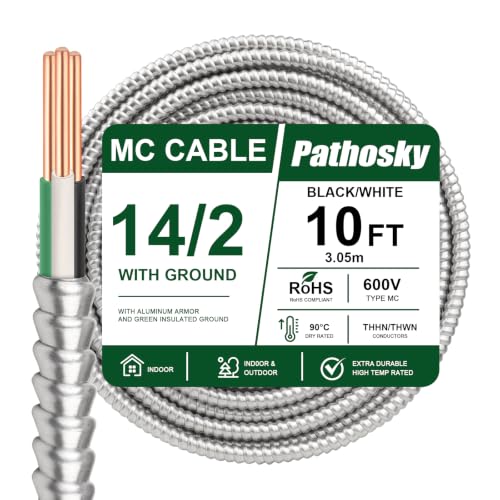 14/2 MC Cable 10 FT, Metal Clad Electrical Wire with Green Ground 14 Gauge THHN/THWN Solid Pure Copper Conductors, Interlock Alum Armor 600V 90°C UL Listed Commercial Industrial Residential - color: 10 FT, size: 14AWG/2