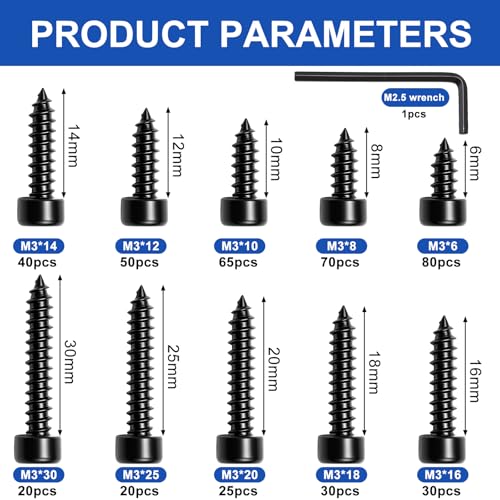 Taiss 430PCS M3 Self Tapping Screws,Hex Socket Cap Head Carbon Steel Wood Screws Assortment Kit,10 Sizes(6mm to 30mm) Black M3 Hex Drive Head Cap Self Drilling Screw with Hex Wrenches - size: 430PCS